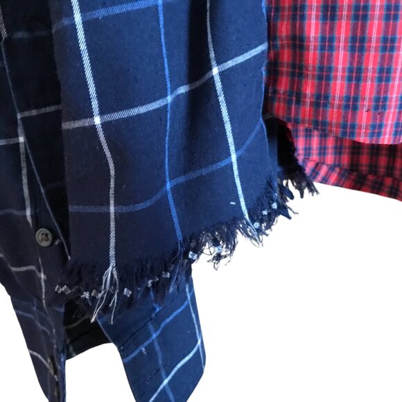 Upcycled Plaid Western Shirt, M to L: Oversized Mixed Print Top, Snaps Fringe - Picture 6 of 10